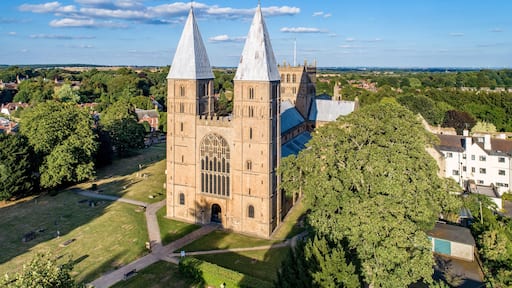 Southwell Mister and Romanesque Cathedral in Nottinghamshire, England, UK. Aerial view