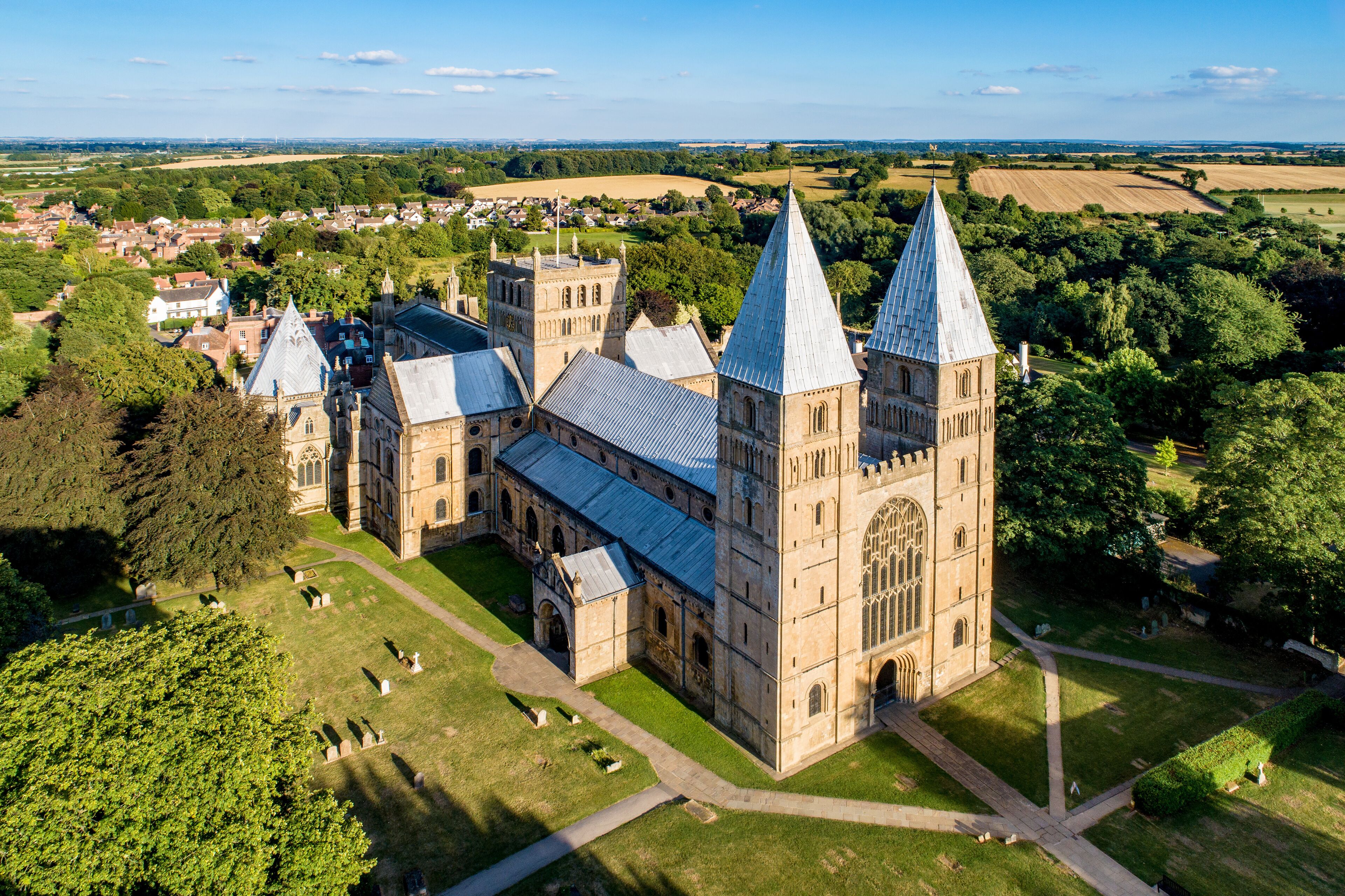 Southwell Mister and Romanesque Cathedral in Nottinghamshire, England, UK. Aerial view
