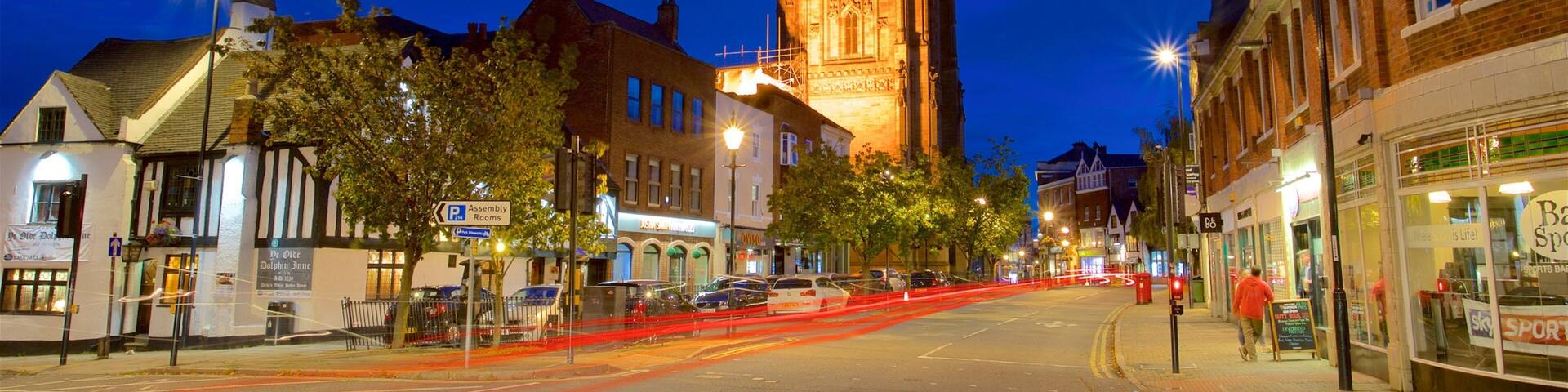Derby Cathedral showing heritage architecture and night scenes