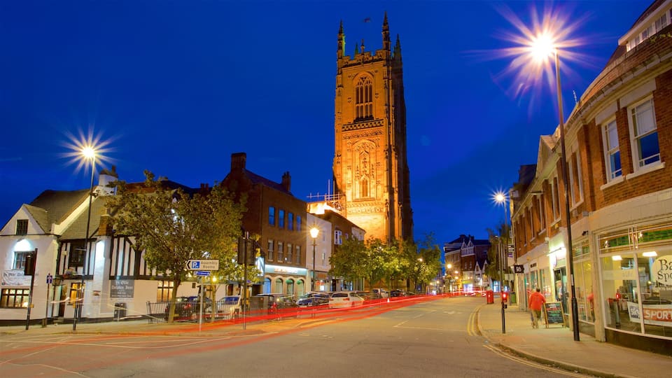 Derby Cathedral showing heritage architecture and night scenes
