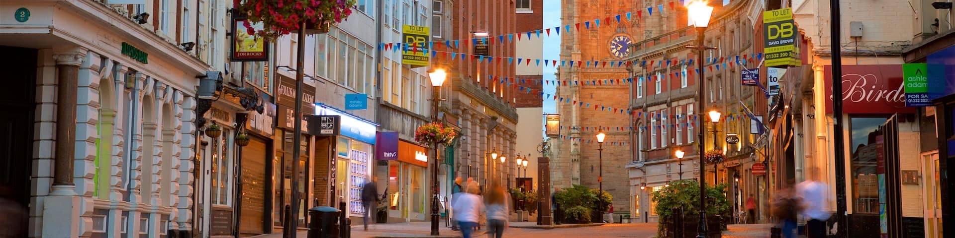 Derby Cathedral showing heritage architecture and a city