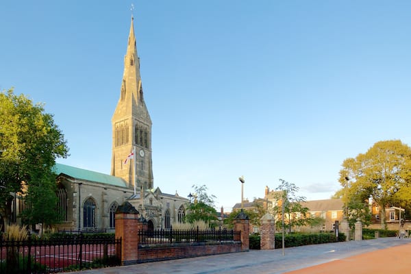 Leicester Cathedral which includes heritage architecture, a square or plaza and a church or cathedral