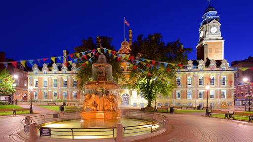 Leicester Town Hall ofreciendo escenas nocturnas, un edificio administrativo y una fuente