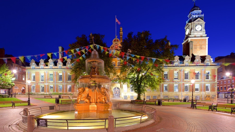 Leicester Town Hall featuring a fountain, night scenes and an administrative building