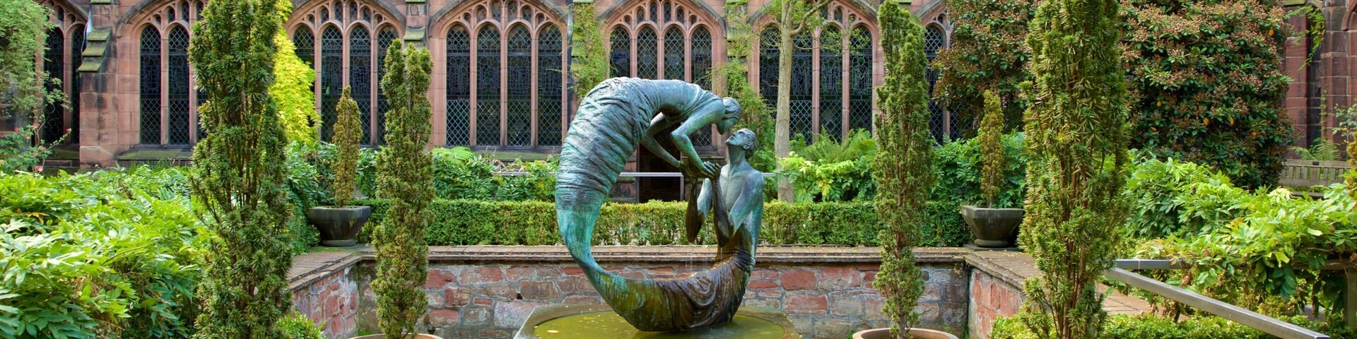 Chester Cathedral which includes a fountain, a church or cathedral and a garden