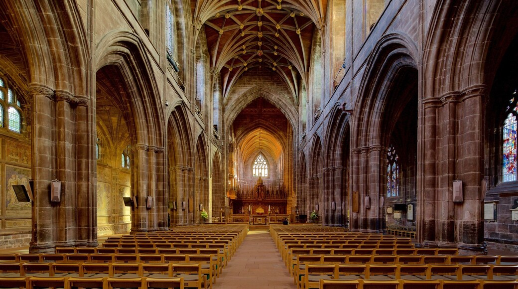 Chester Cathedral which includes heritage architecture, interior views and religious aspects