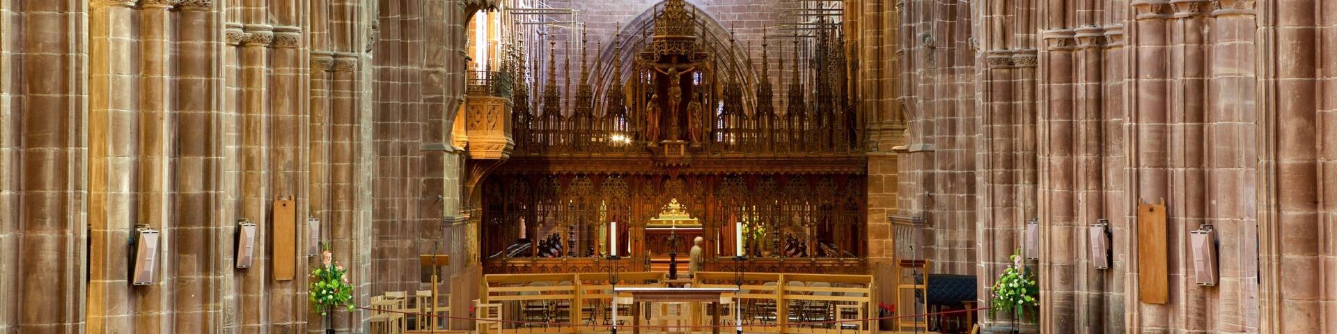 Chester Cathedral showing a church or cathedral, interior views and religious elements