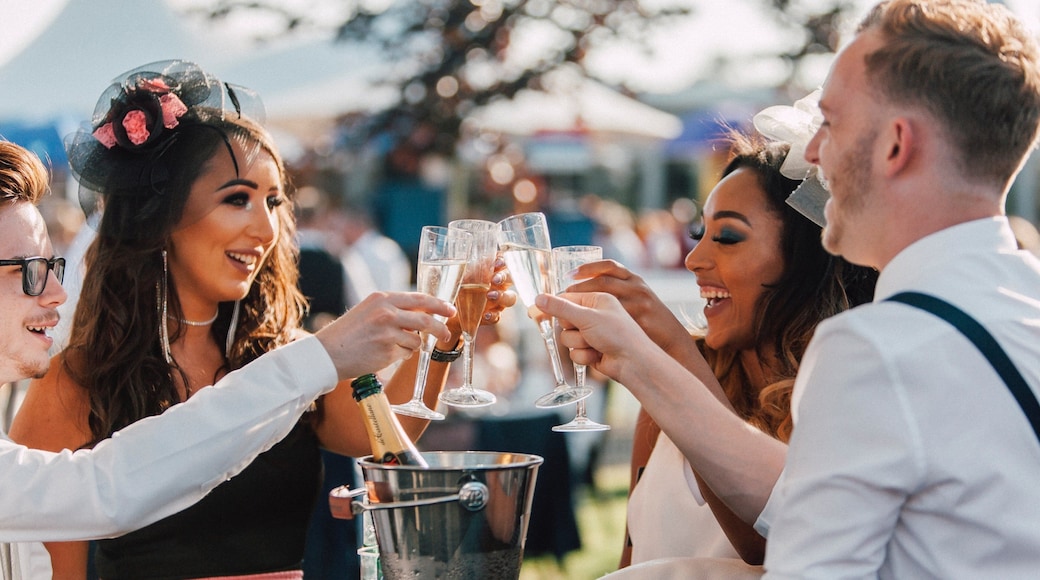 Chester Racecourse showing drinks or beverages as well as a small group of people
