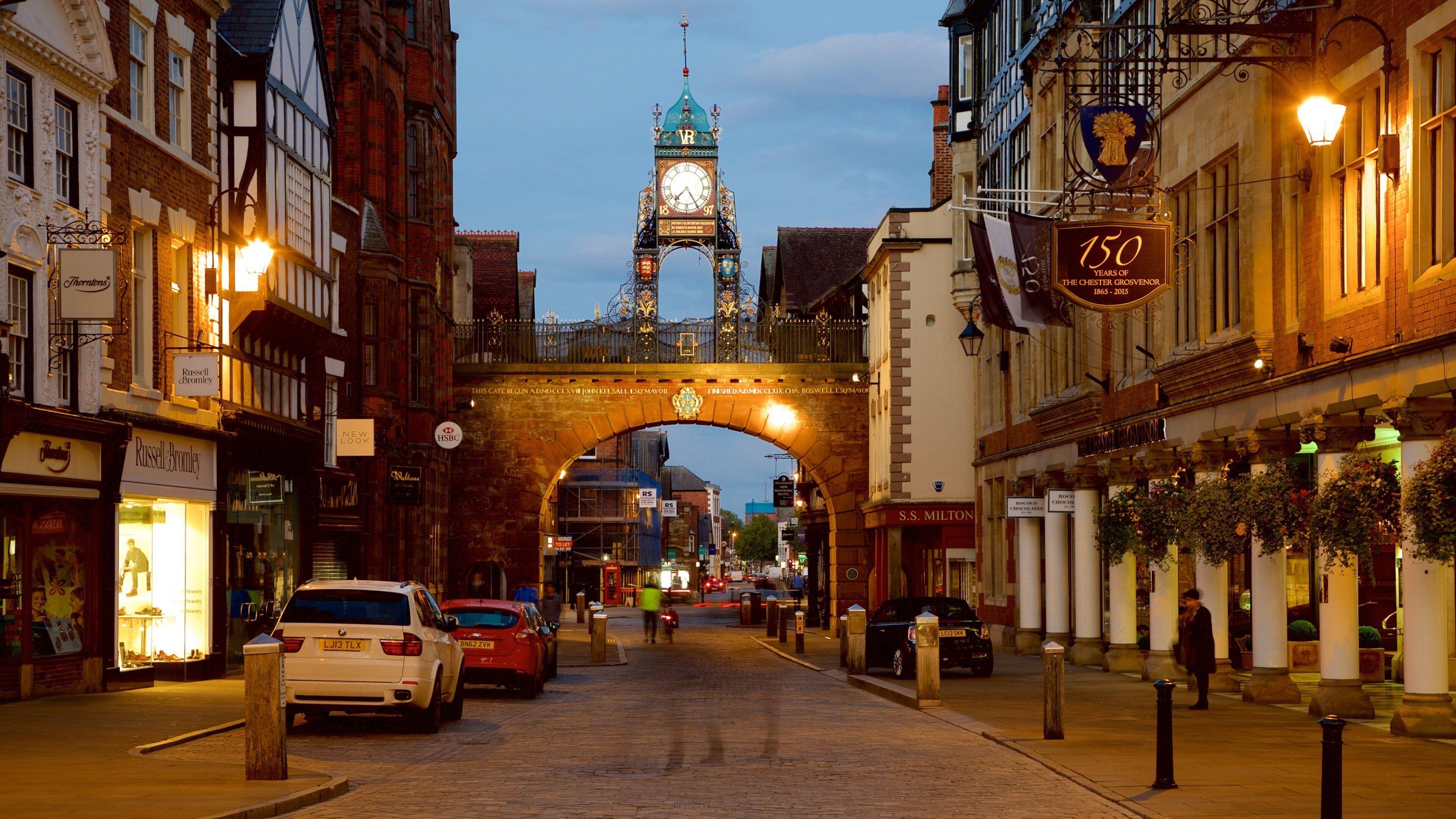 Eastgate Clock featuring night scenes, street scenes and heritage elements