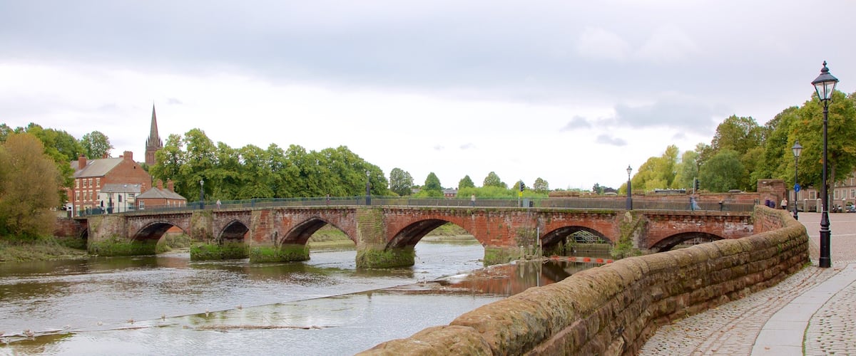 Old Dee Bridge which includes heritage elements, a river or creek and a bridge