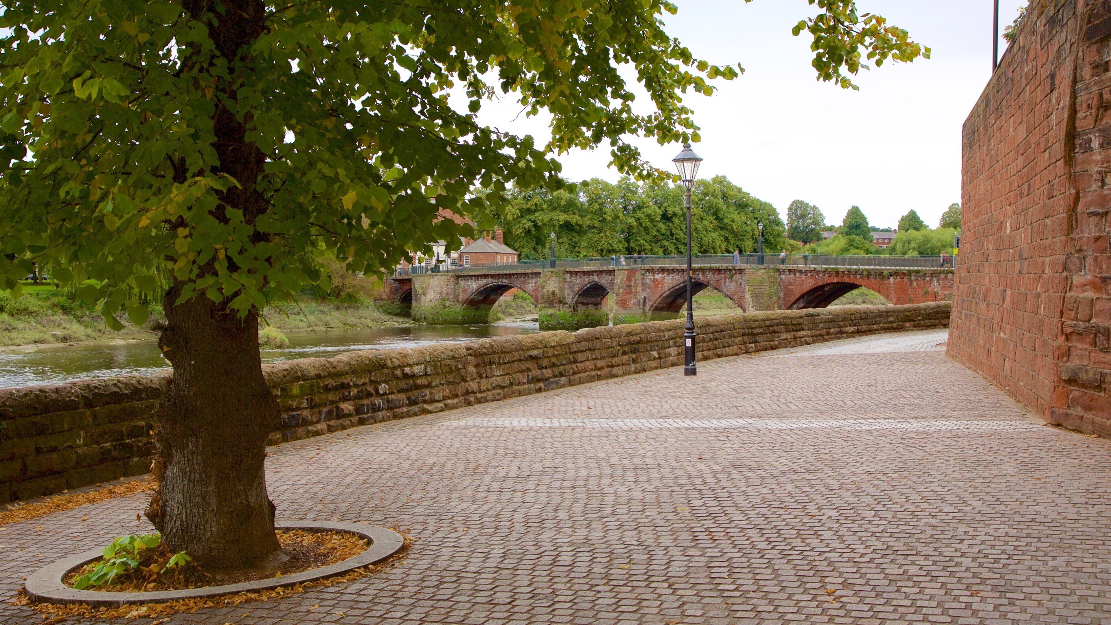 Old Dee Bridge mostrando fiume o ruscello, oggetti d\'epoca e ponte