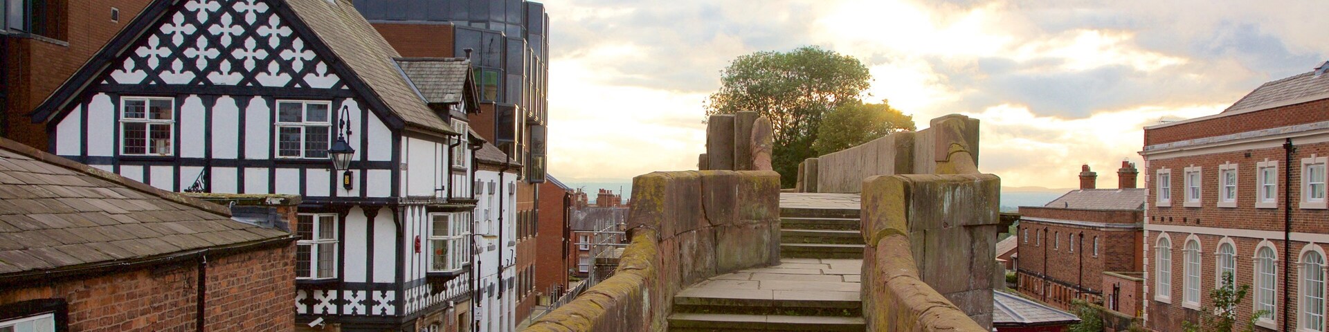 Uma ponte de pedra histórica com degraus que levam a um caminho arborizado, cercada por casas tradicionais de enxaimel e edifícios modernos.