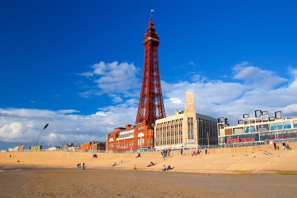 Blackpool Tower featuring a beach, a coastal town and general coastal views