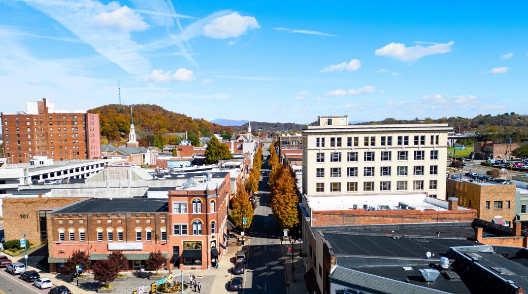Main Street Johnson city Tennessee with colorful trees in the fall