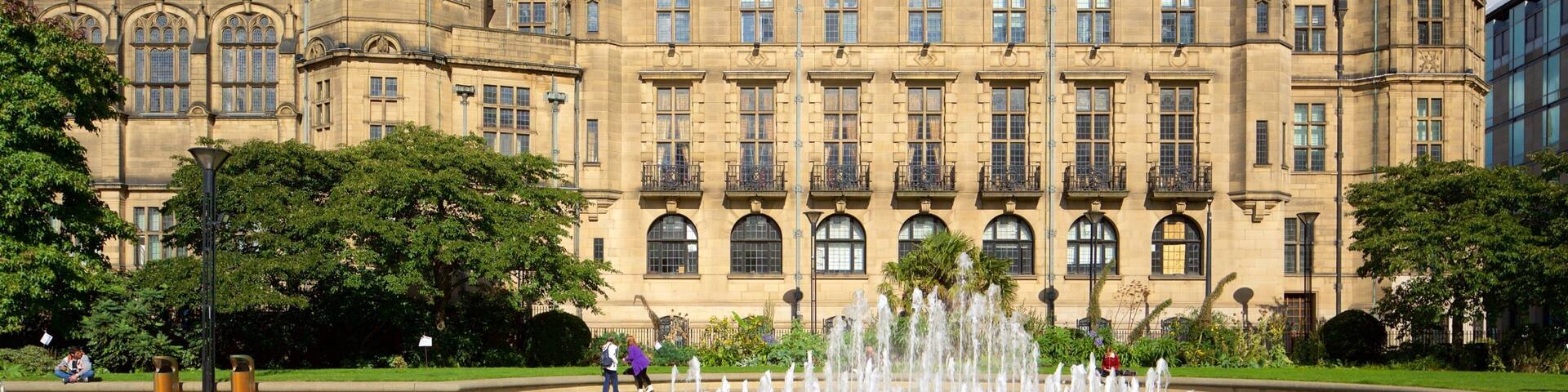 Sheffield Town Hall which includes an administrative buidling, a fountain and heritage architecture