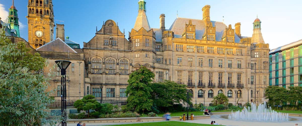 Sheffield Town Hall which includes heritage architecture, an administrative buidling and a fountain