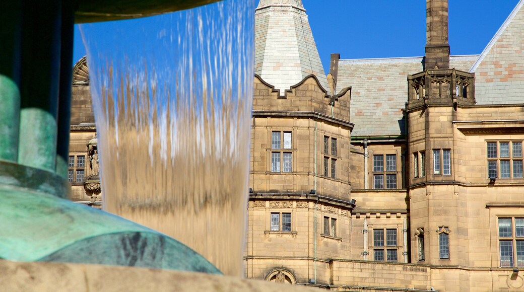 Sheffield Town Hall featuring a fountain and heritage architecture