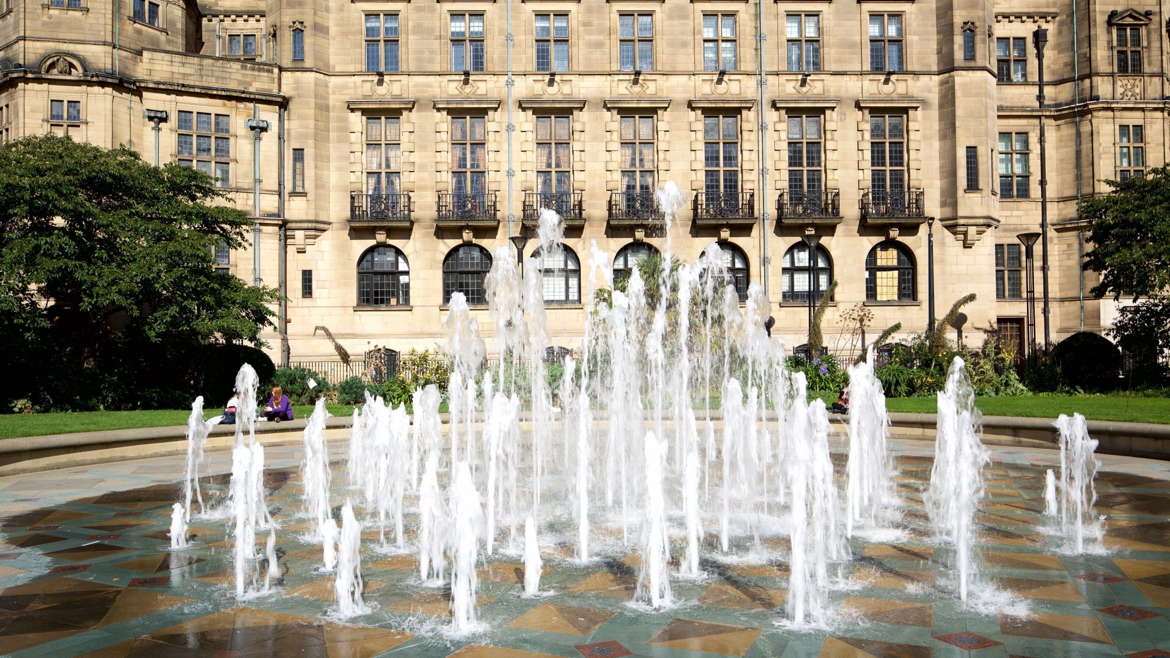 Sheffield Town Hall which includes heritage architecture and a fountain