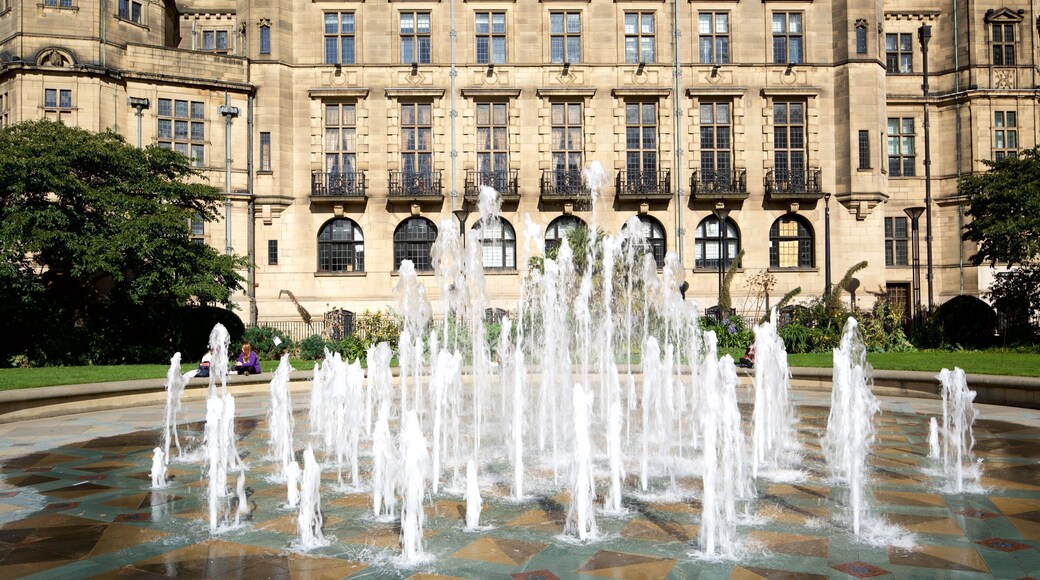 Sheffield Town Hall which includes heritage architecture and a fountain