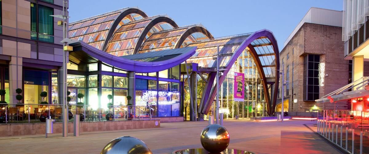 Sheffield Winter Garden which includes outdoor art and modern architecture