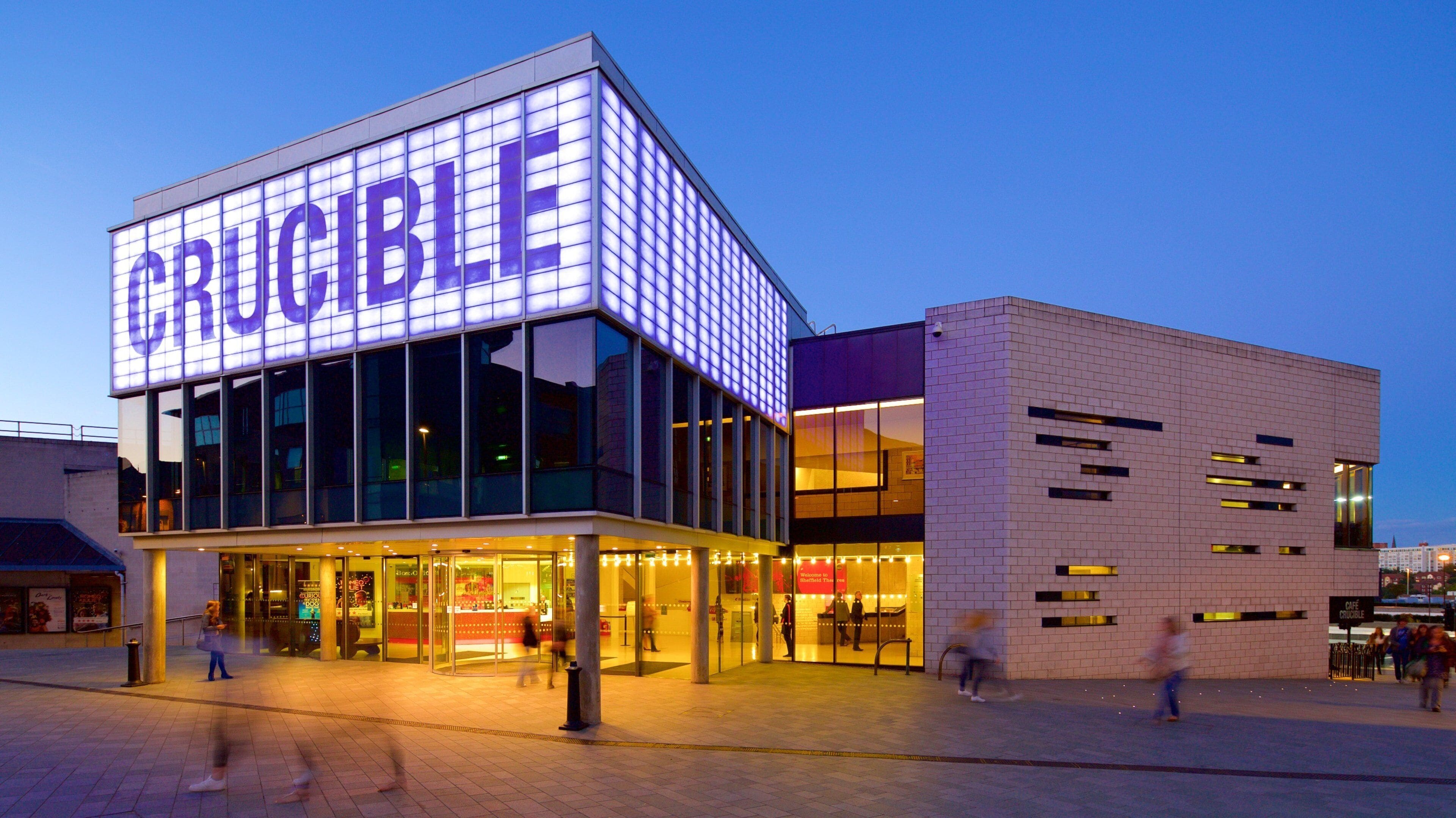 Crucible Theatre showing night scenes, modern architecture and theater scenes