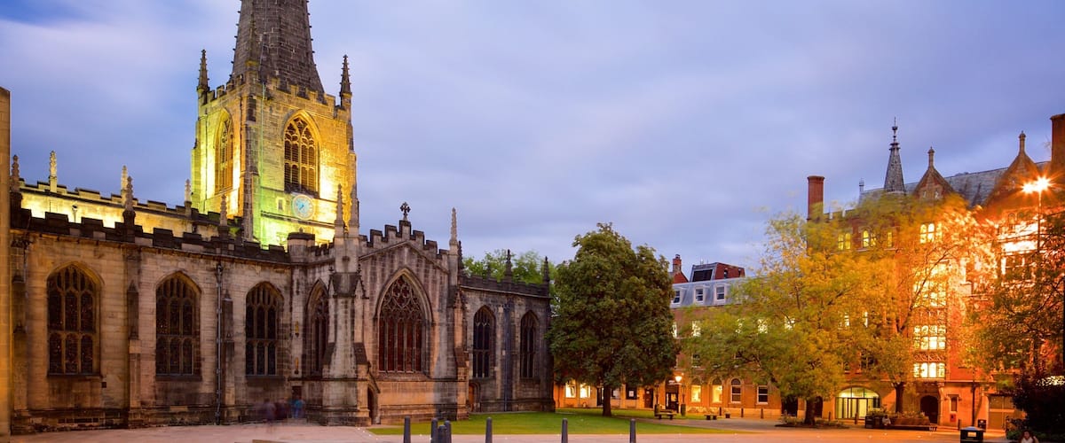 Sheffield Cathedral featuring street scenes, heritage architecture and night scenes