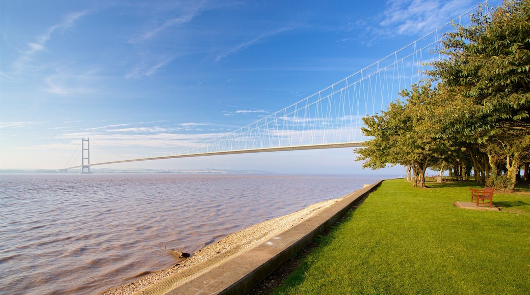 Humber Bridge which includes a bridge, a garden and general coastal views