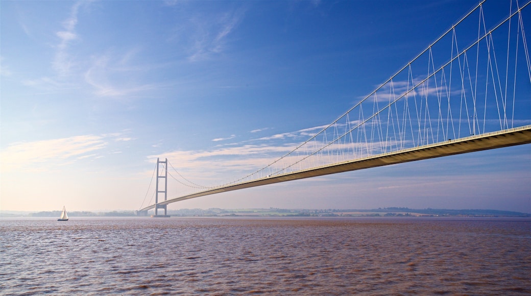 Humber Bridge showing a bridge, a river or creek and a sunset