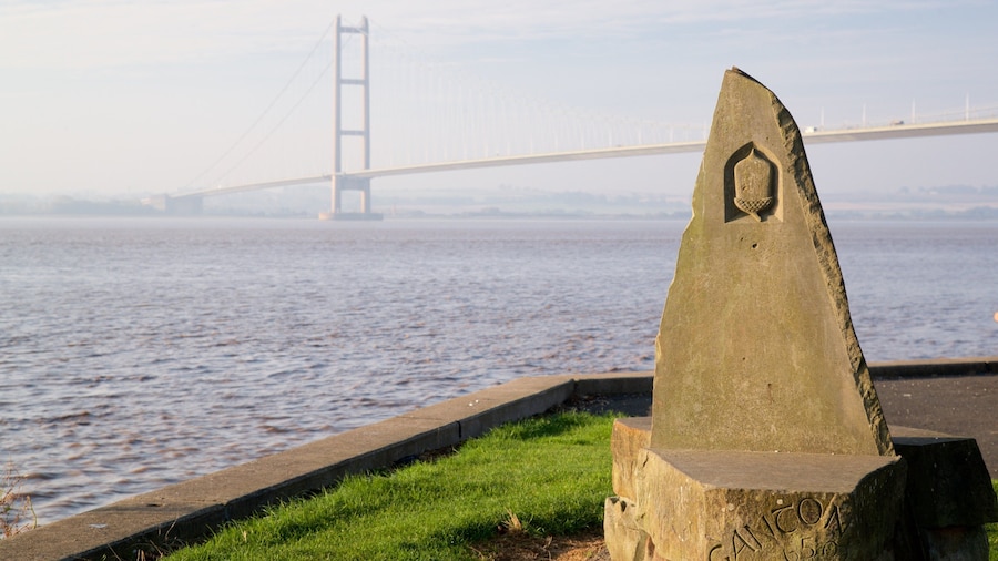 Humber Bridge featuring a sunset, a bridge and a river or creek