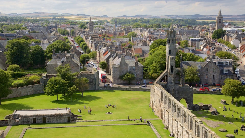 A historic town with stone buildings, a church, and a castle.