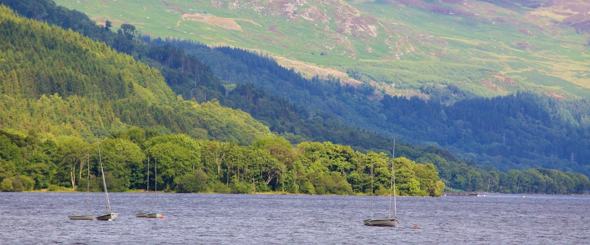 A lake with sailboats, surrounded by dense forests and rolling hills.