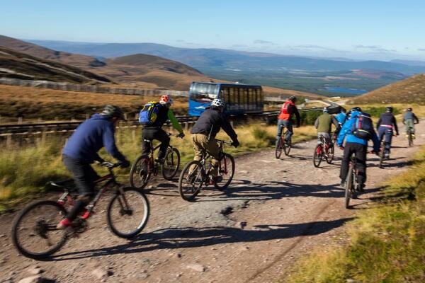 Cairngorm Ski Resort which includes mountain biking and railway items as well as a large group of people