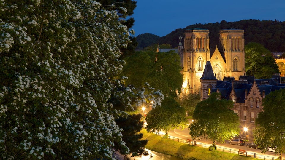 Inverness Cathedral showing heritage elements, night scenes and heritage architecture