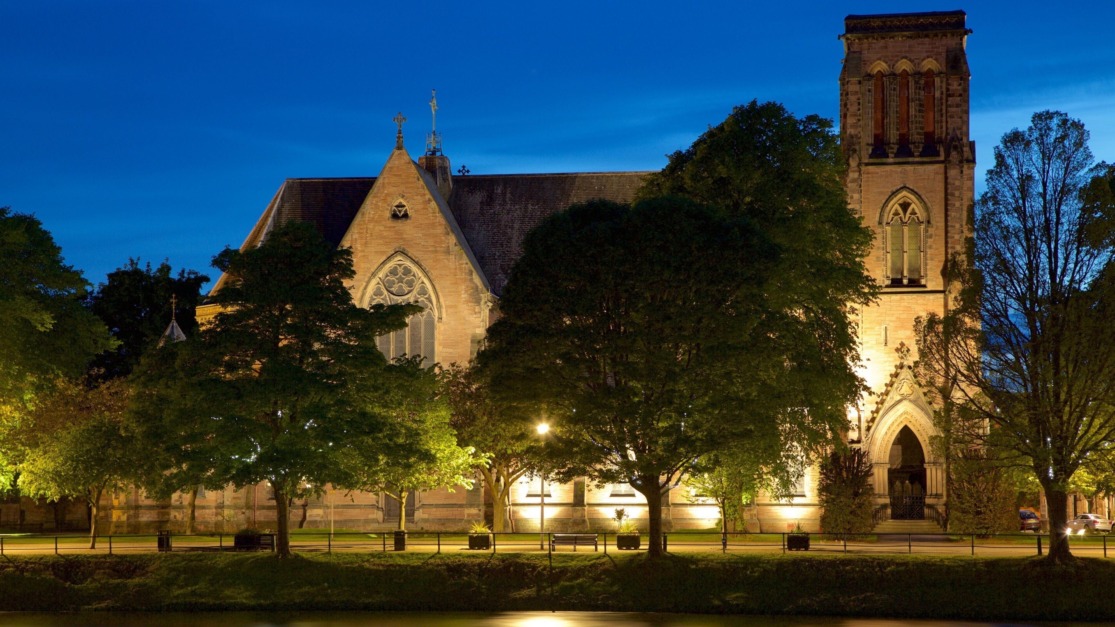 Inverness Cathedral showing night scenes, a church or cathedral and heritage architecture