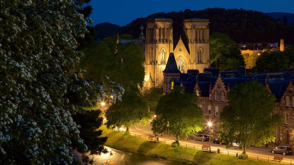 Inverness Cathedral featuring street scenes, night scenes and heritage architecture