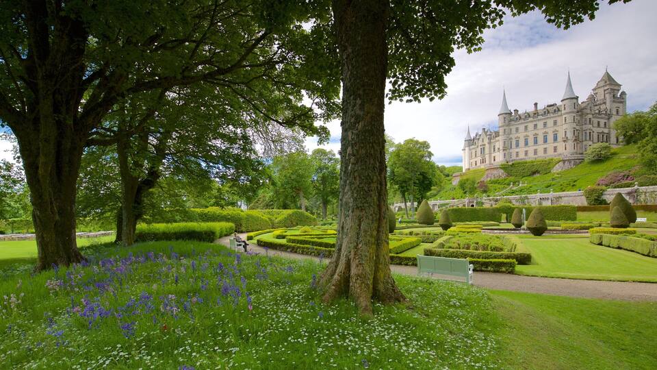 A lush garden with neatly trimmed hedges, a variety of flowers, and a large tree. In the background, there is a grand castle with multiple towers and a steep hill.