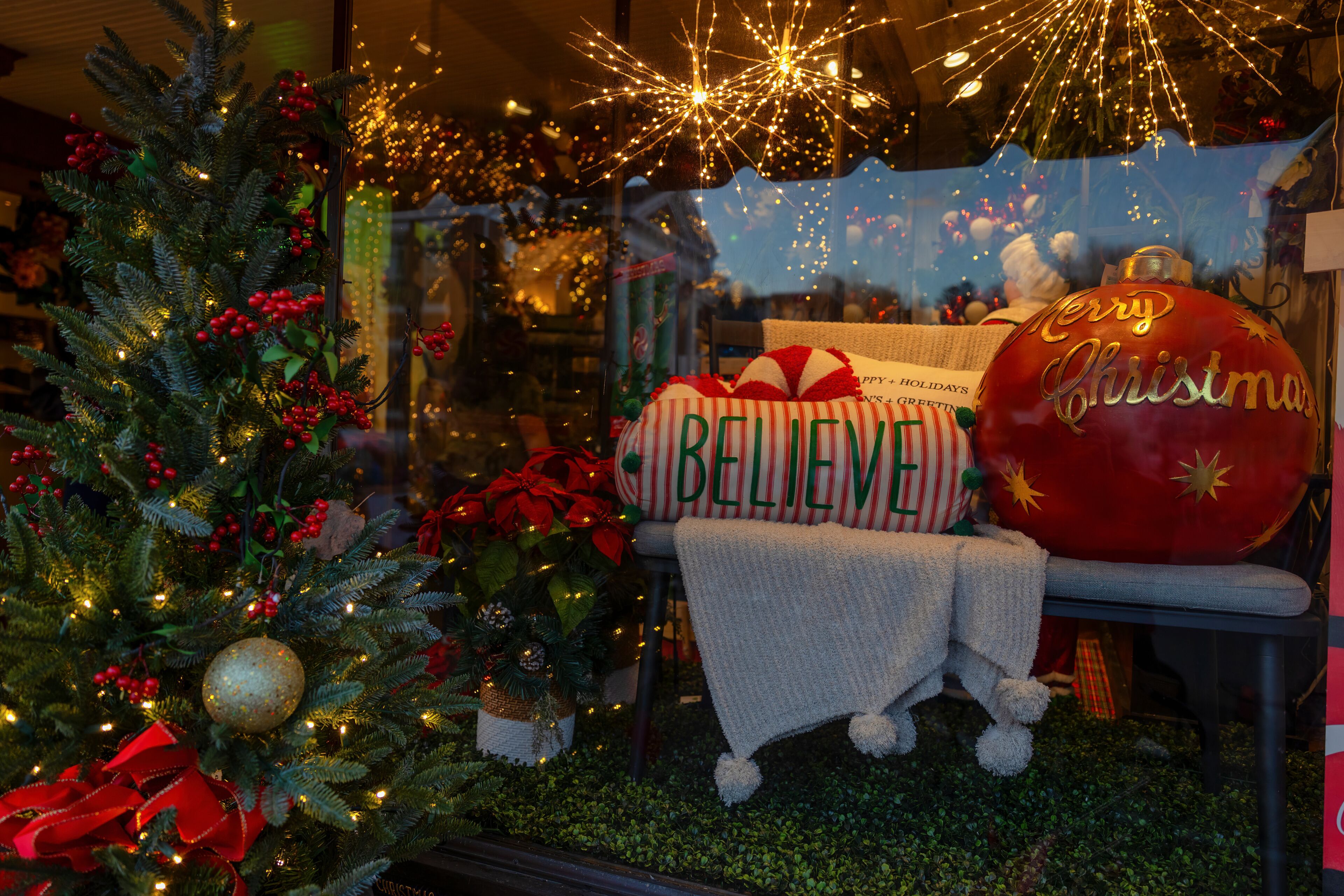 Christmas Decorations in store window in Jonesborough, Tennessee.
