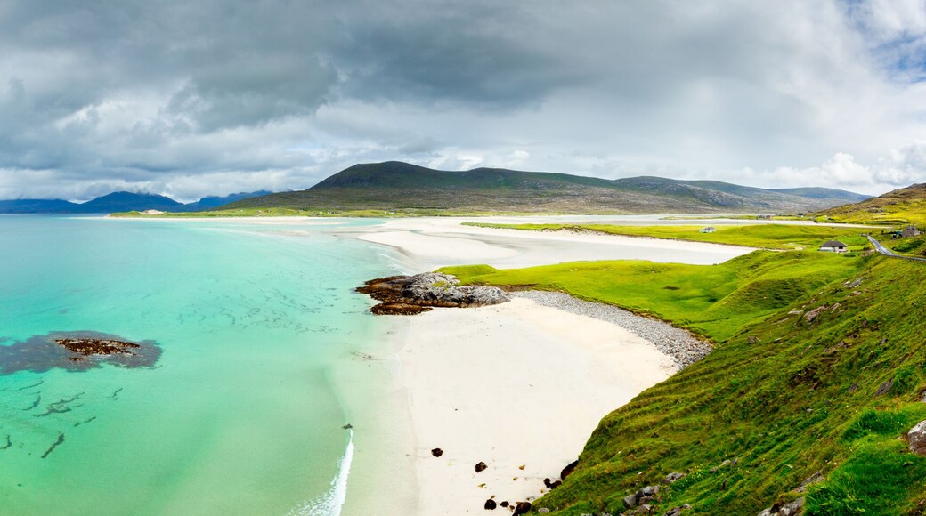Panoramic view of Luskentyre white beaches under dramatic sky, Isle of Harris, Scotland