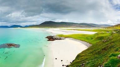 Panoramic view of Luskentyre white beaches under dramatic sky, Isle of Harris, Scotland