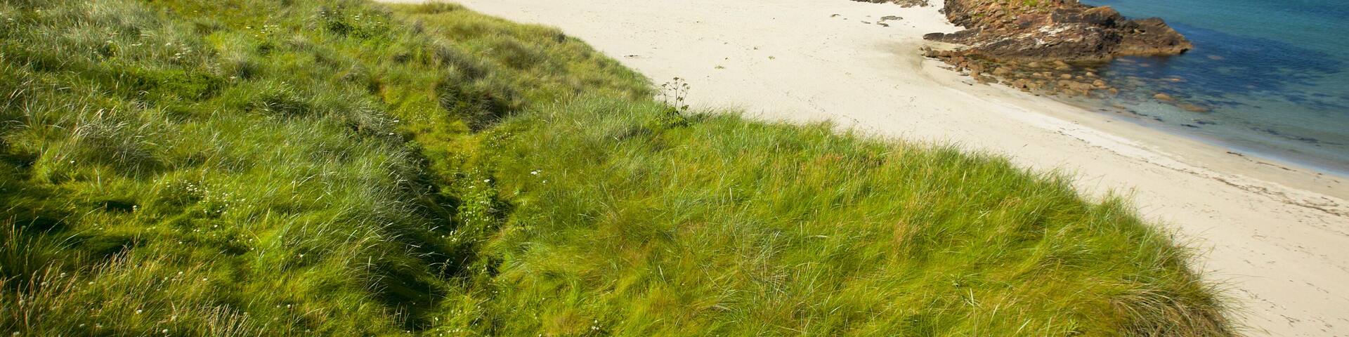 Tombolo and beach in Bigton and St Ninian. Shetland. Scotland
