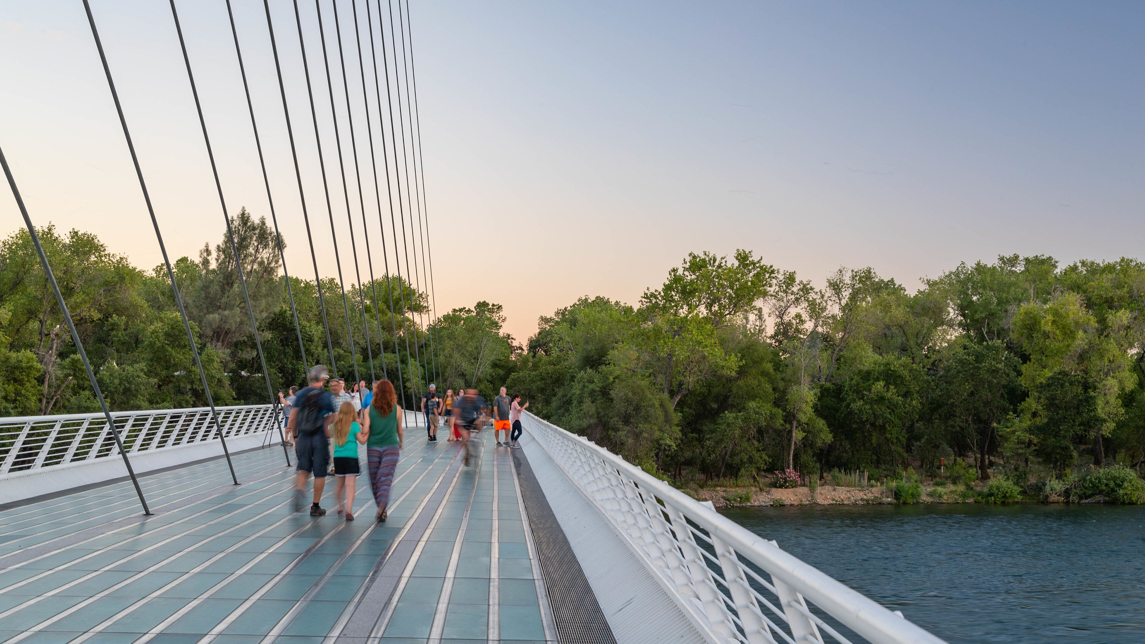 Sundial Bridge which includes a bridge, a river or creek and a sunset