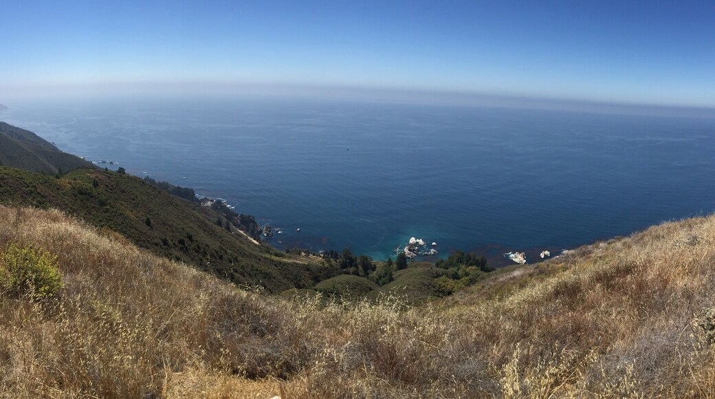 The ridge overlooking the famous waterfall. Today we saw humpback & blue whales along with condors and turkey vultures. Look hard and you can see the whales. Fantastic hiking trip in big sur. need to take a wildernesses workshop at esalen or tassajara with guide Steven Harper to really get a sense of this magical area.