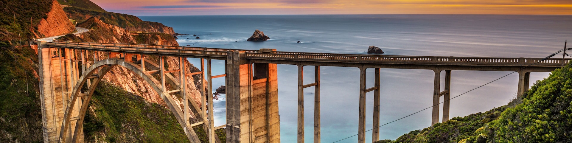 Bixby Bridge (Rocky Creek Bridge) and Pacific Coast Highway at sunset near Big Sur in California, USA. Long exposure., Shutterstock ID 524365912, Purchase Order: -