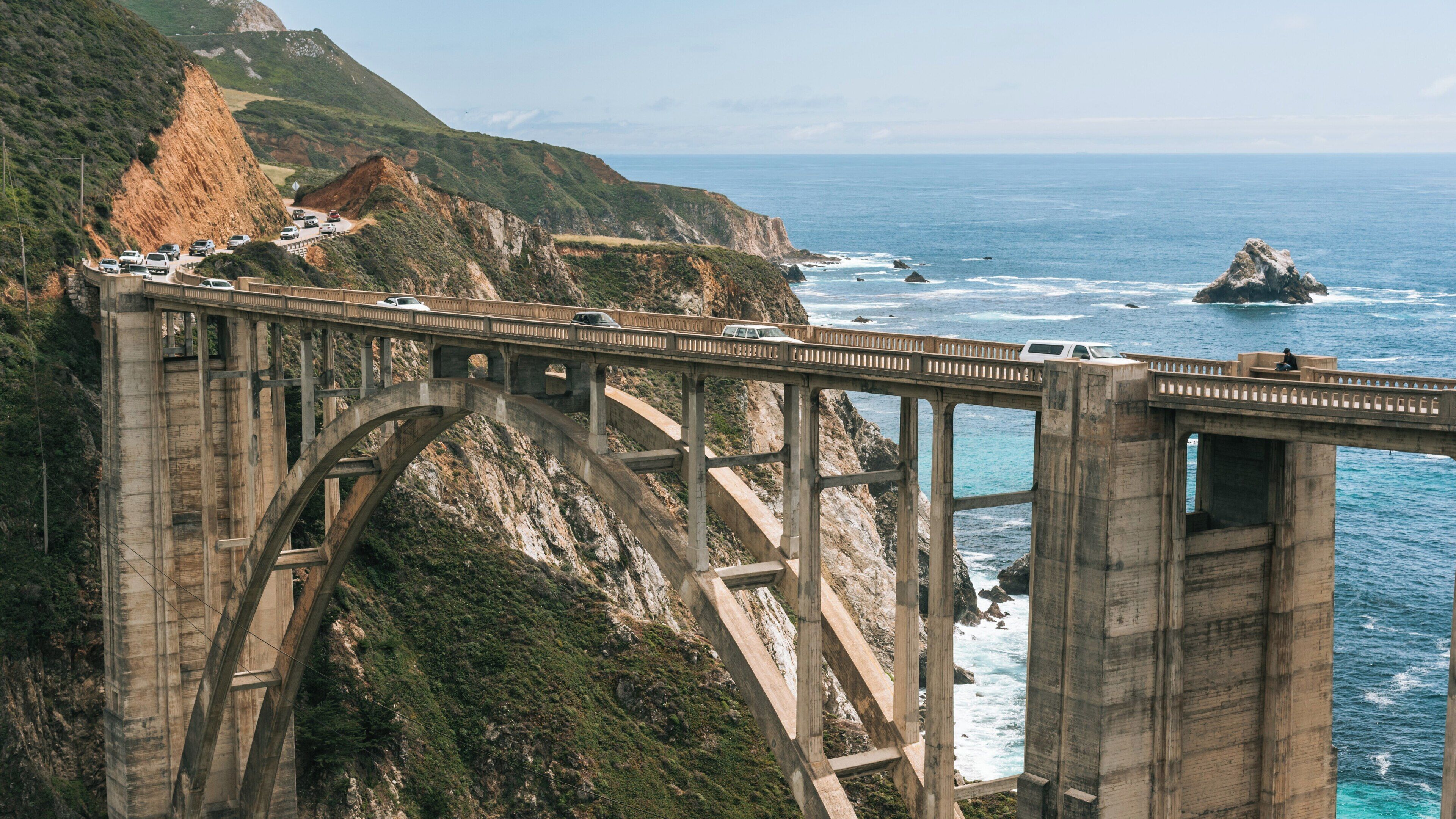 Bixby Bridge stands majestically over the Pacific coastline in Carmel, California, showcasing its iconic architecture amidst stunning natural beauty