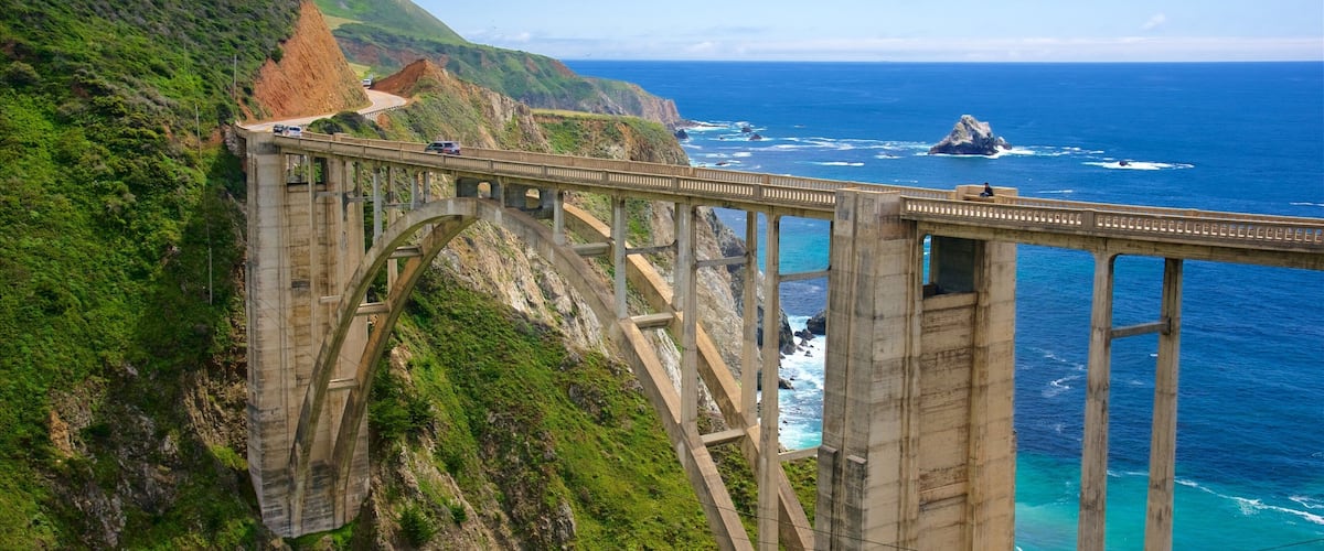 Bixby Bridge which includes landscape views, general coastal views and a bridge