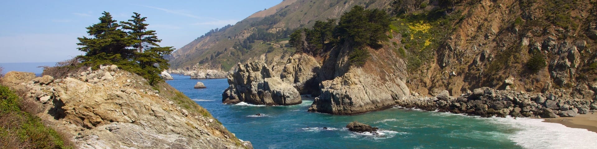Pfeiffer Big Sur State Park featuring landscape views, rugged coastline and a river or creek