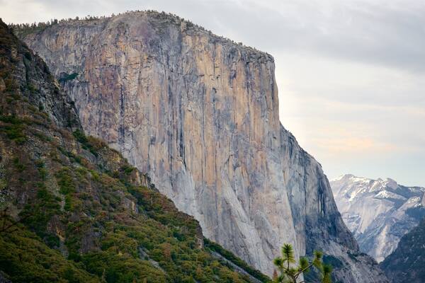 Une montagne imposante, à la paroi abrupte et rocheuse, et dont le versant est couvert de forêt.