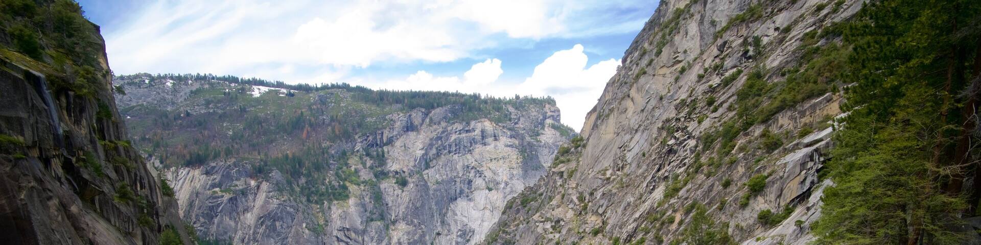 Vernal Falls which includes forests, a waterfall and mountains