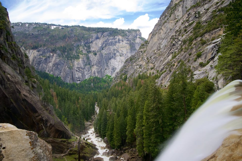 A canyon with a waterfall, dense forest, and rocky cliffs.