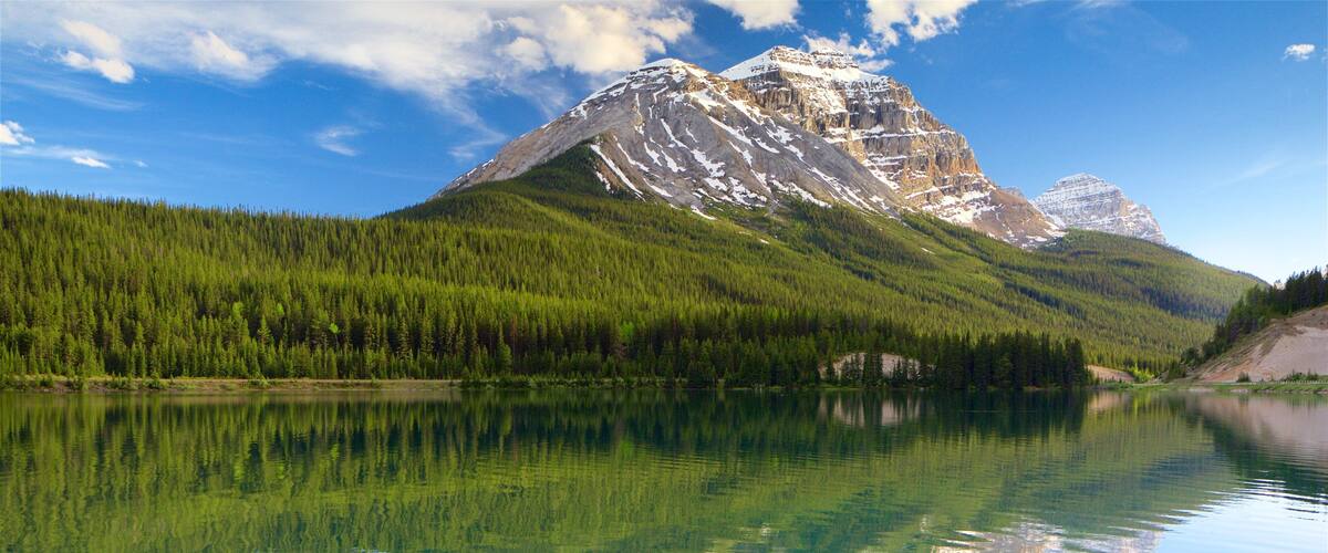 A mountain range with a lake reflecting the peaks and a dense forest in the foreground.